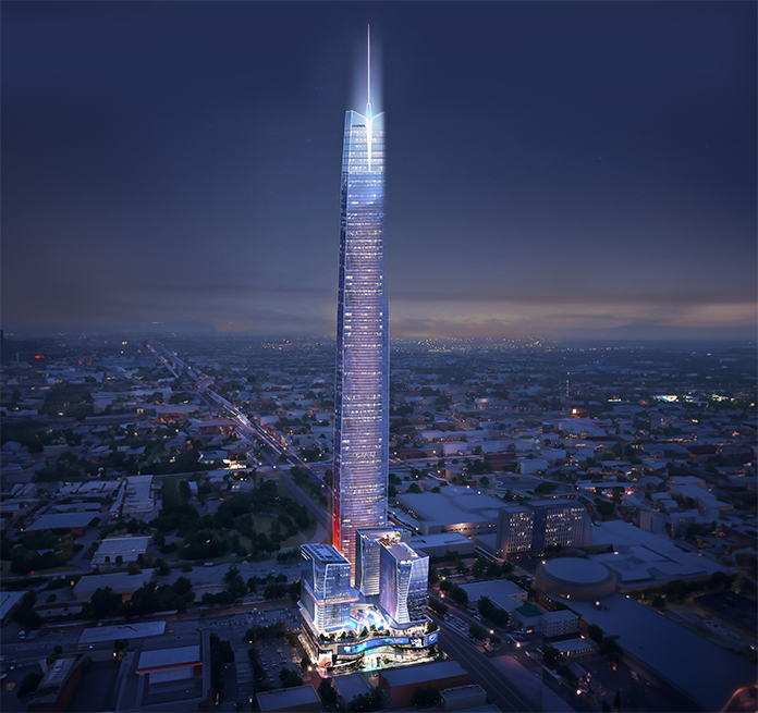 California architecture studio AO and Matteson Capital announced that they plan to request a variance from Oklahoma City to increase the height of the supertall skyscraper from its original proposed 1,750 feet to 1,907 feet. (PHOTOS: AO ARCHITECTS)