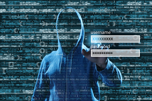 Man,Hacking,Account,On,Virtual,Screen,Against,Dark,Background.,Concept