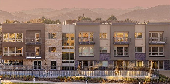 PARC MOSAIC APARTMENT HOMES, BOULDER, COLO. SHOWCASES TEN OUTDOOR ROOMS THAT BRING THE COLORADO LANDSCAPE TO LIFE, A 82-FOOT INDOOR-OUTDOOR SALTWATER POOL, 2-STORY FITNESS CENTER, RESIDENT LOUNGE, ROCK CLIMBING WALL, SECURE BIKE STORAGE, AND SMART HOME TECHNOLOGY INCLUDING LOCKS AND THERMOSTAT.